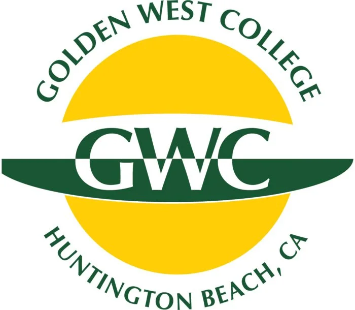 Logo of Golden West College with green text forming a circle around a yellow sun, and the initials 'GWC' in the center with a green horizontal line crossing through it. Text includes 'Golden West College' at the top and 'Huntington Beach, CA' at the bottom.