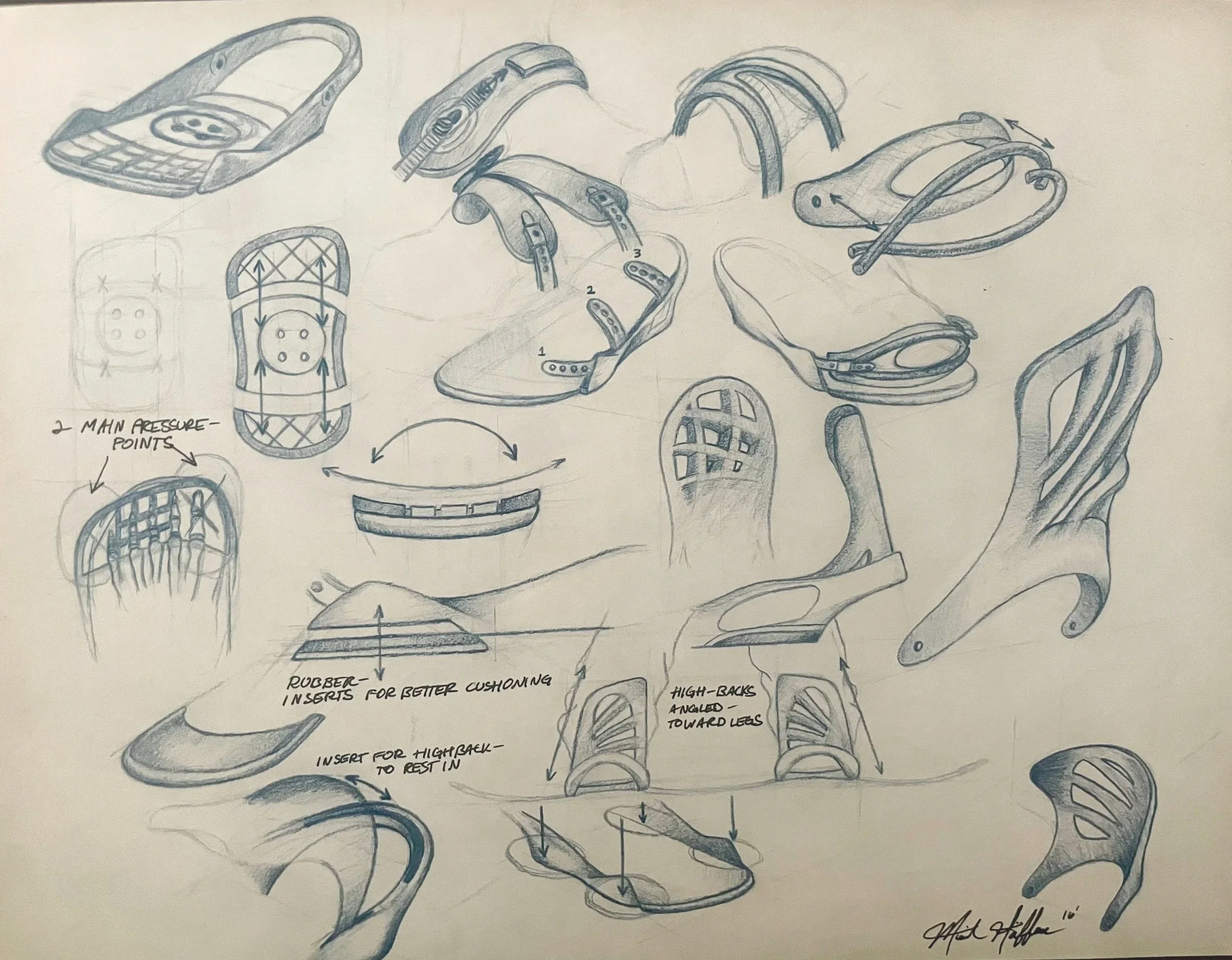 Hand-drawn sketches illustrating the design and construction of a shoe, including detailed parts like the sole, heel, and cushioning system, with annotations pointing to specific components.