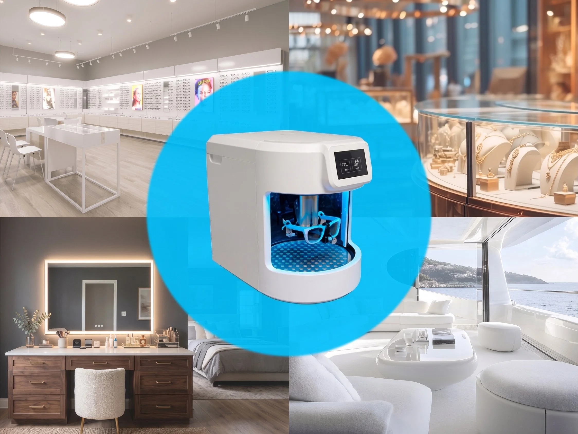 Living spaces with modern furniture and decor, a jewelry display case, and large windows with ocean views, all viewed through a virtual reality headset.