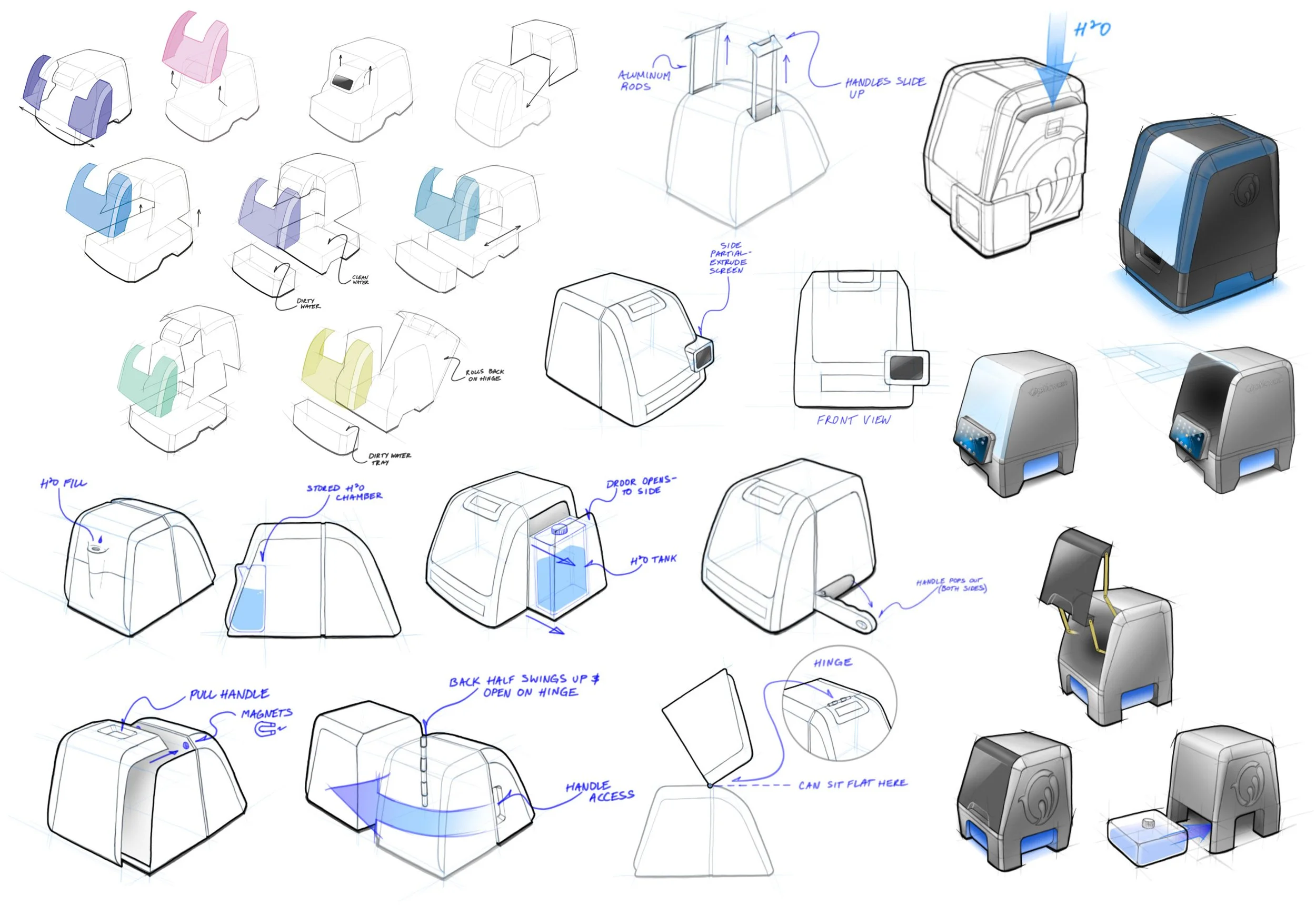 Sketches and 3D renderings of a compact water dispenser with annotated design features such as handles, water tanks, and a door opening mechanism.