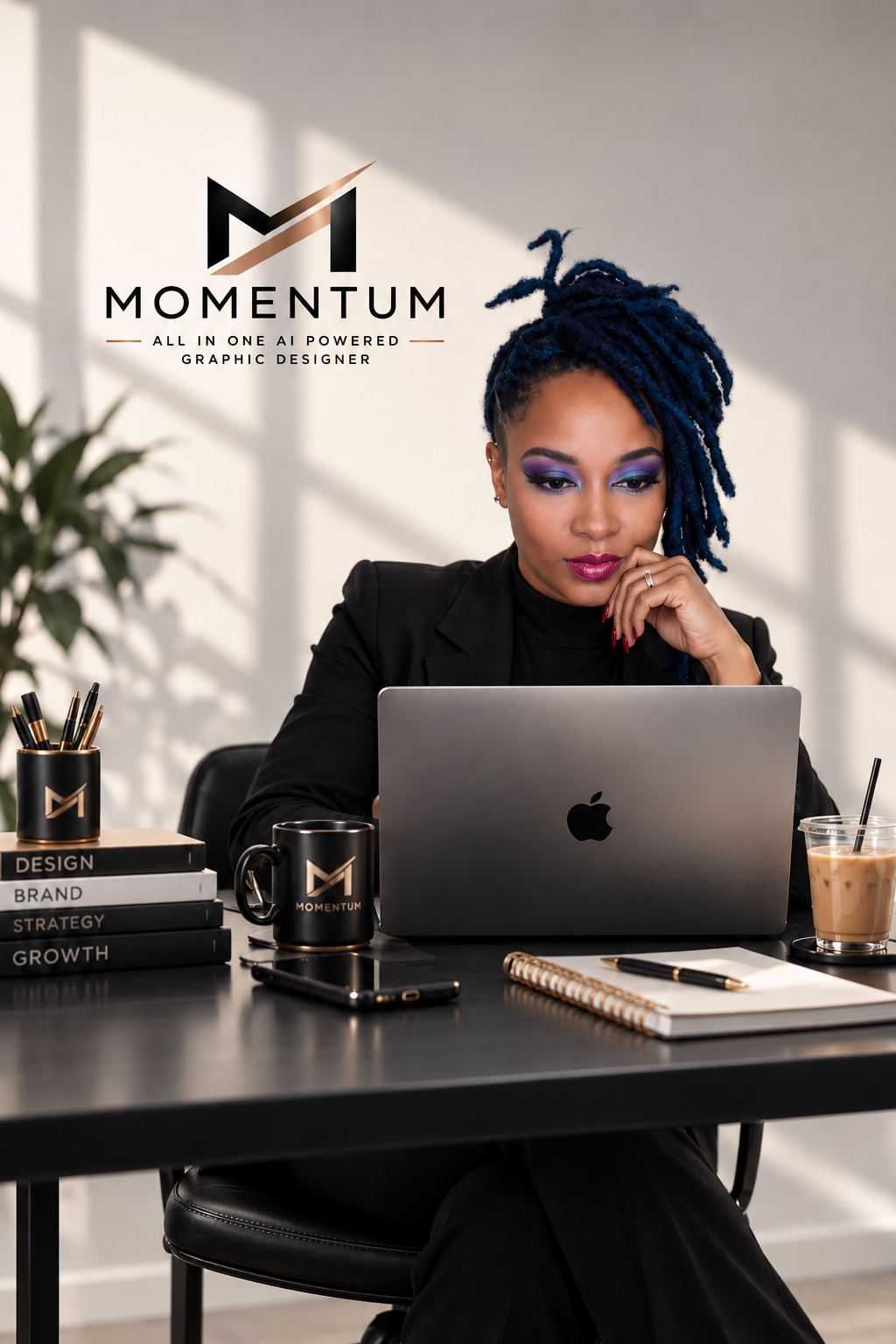 A woman with blue dreadlocks working on a laptop at a desk, surrounded by notebooks, pens, a coffee cup, and an iced drink. The wall behind features a logo for Momentum, an AI-powered graphic design company.