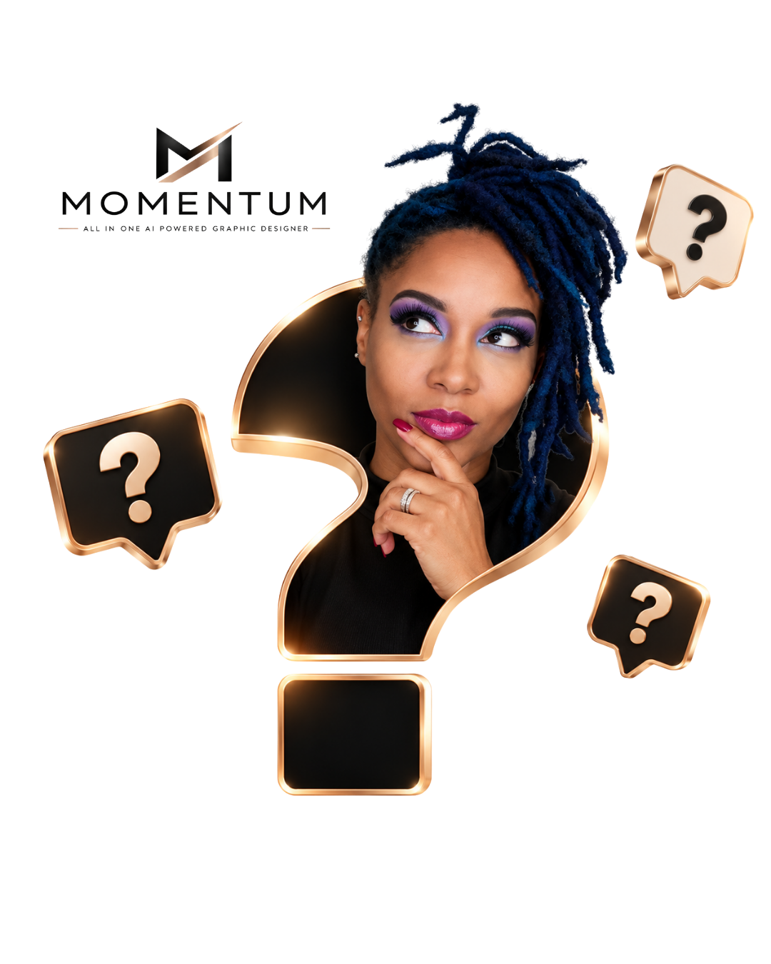 A woman with blue dreadlocks posing among large question mark symbols with speech bubble icons with question marks, and the word "Momentum" above her head.