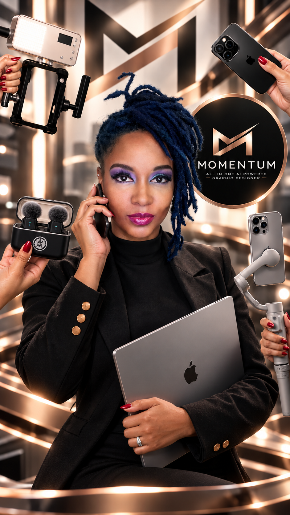 A woman with blue dreadlocks and vibrant makeup, holding a MacBook and surrounded by multiple smartphones, a camera light, and earphones, in a modern tech studio.