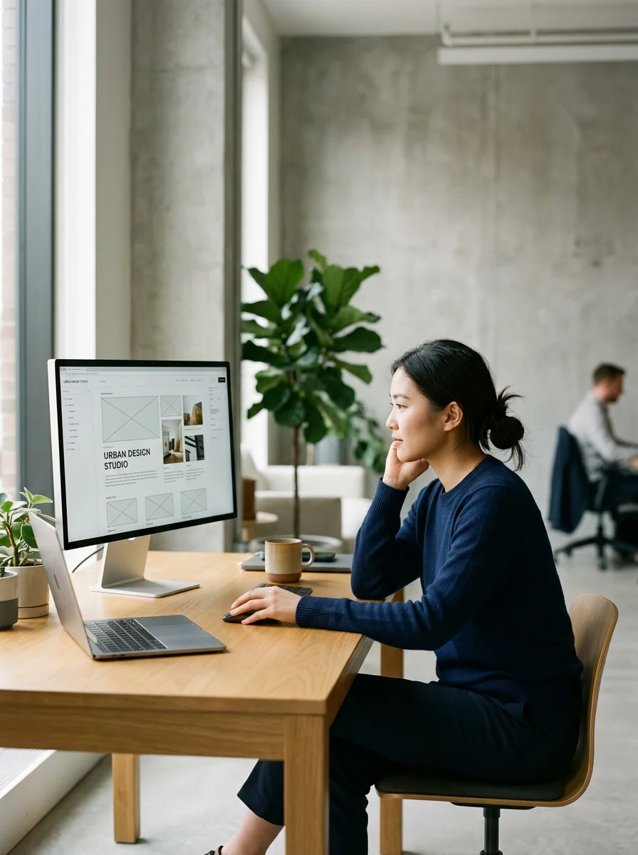 Woman in navy sweater working at a desk with desktop monitor in a modern office with large windows and plants.