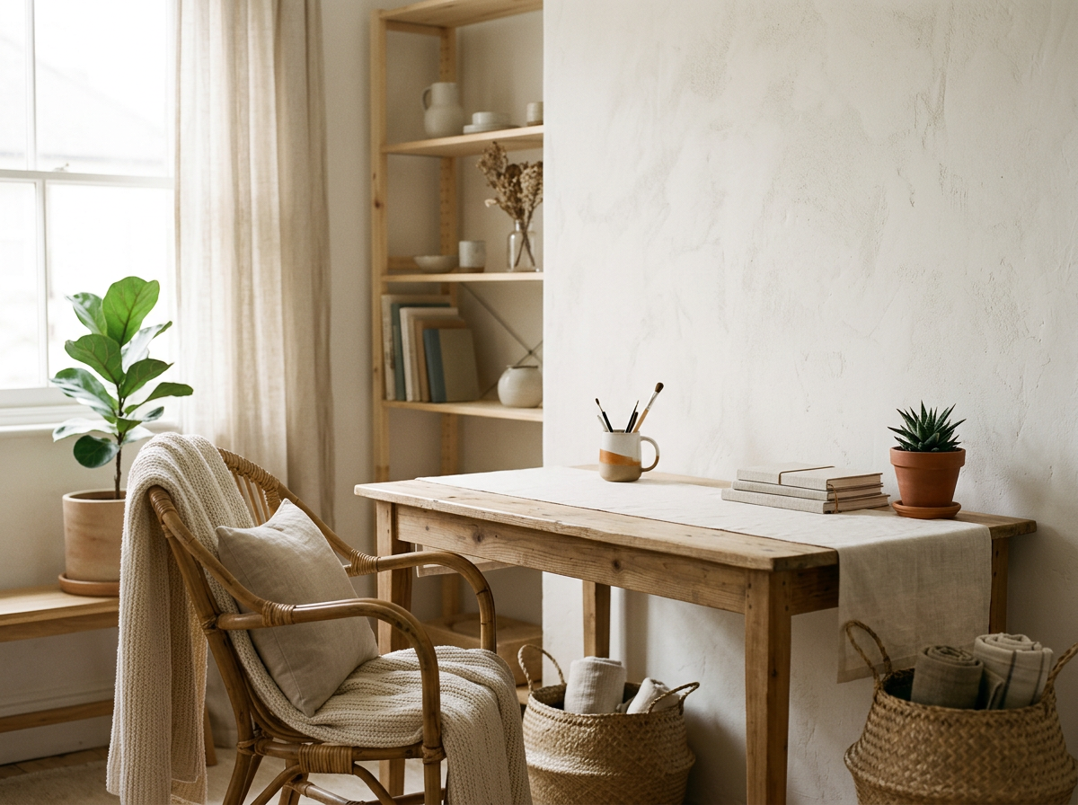 A cozy, minimalist home office corner with a wooden desk, a wicker chair with a pillow, a potted plant, books, and decorative items, illuminated by natural light from a nearby window.
