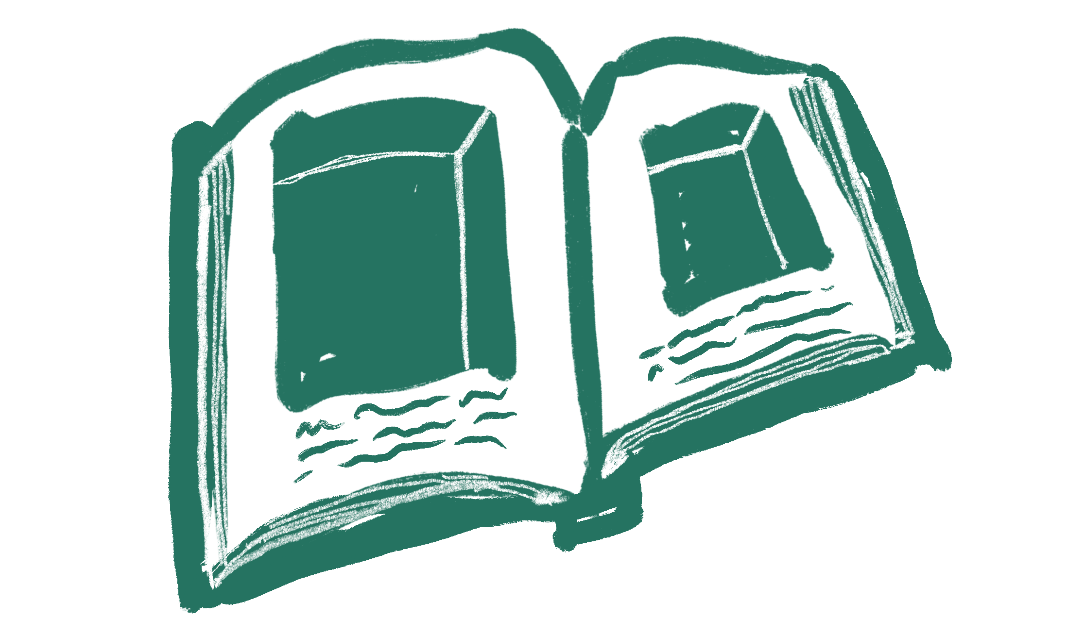 Line drawing of an open book with pages displaying text.