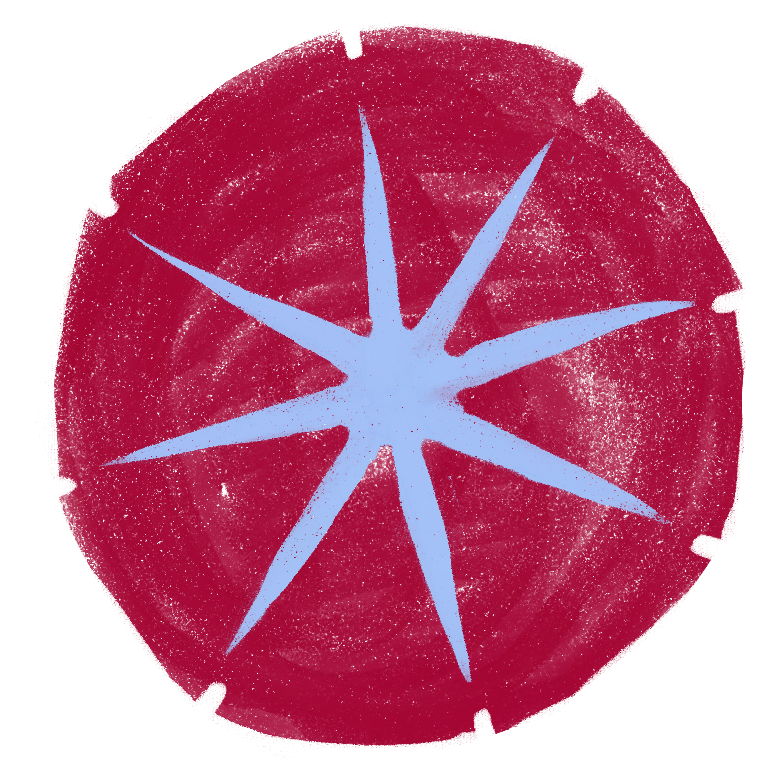 Red circle with white lines forming a stylized star or pin symbol in the center.