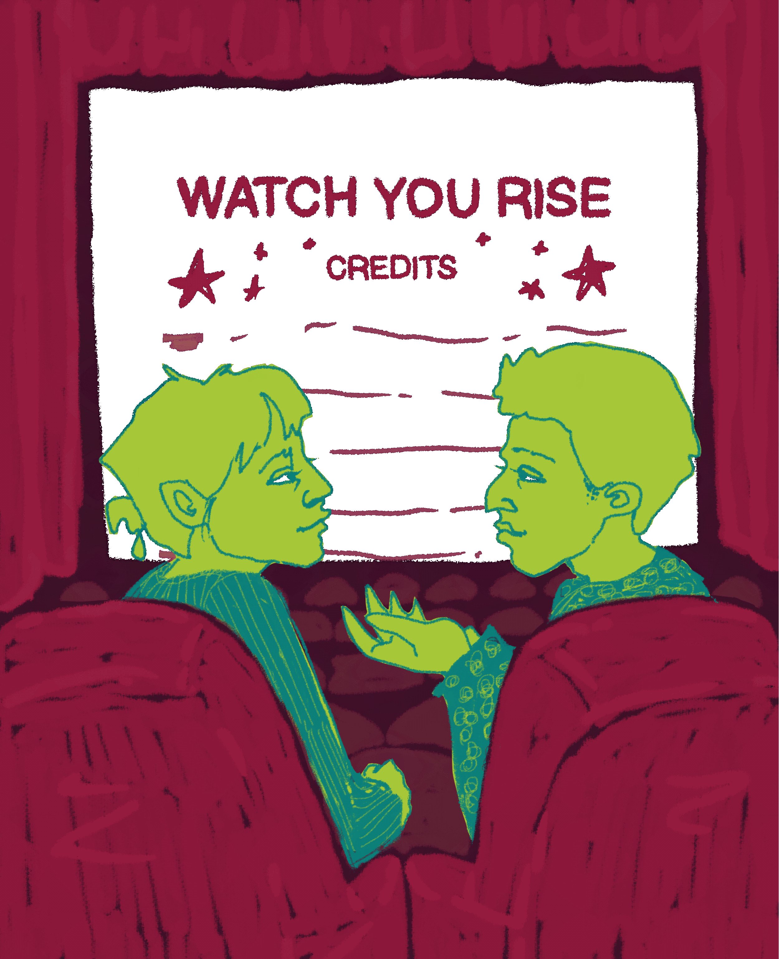 Two cartoon boys sitting in a theater, facing each other, with a red curtain in the background and a black sign above them that reads 'Watch Your Rise + Credits' in purple text.