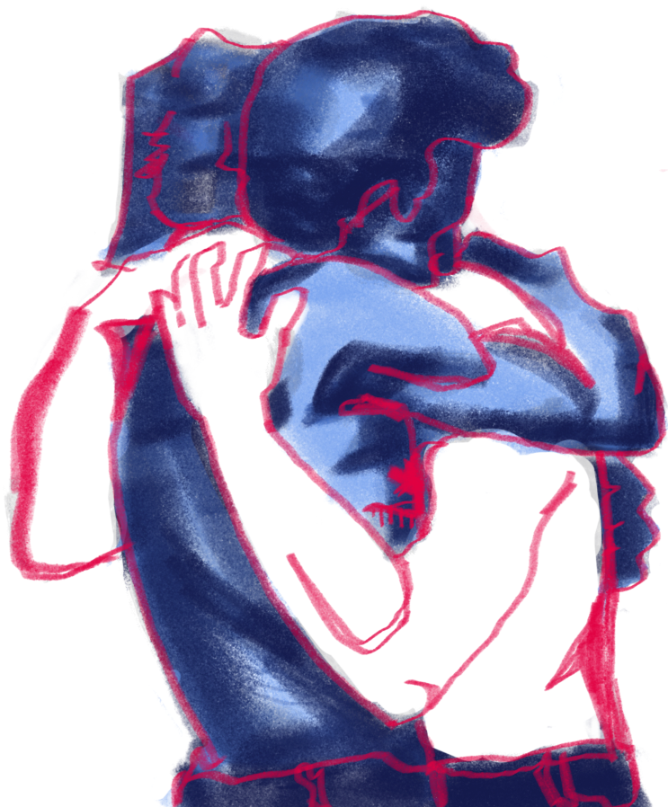 Stylized digital drawing of a woman with wavy hair resting her head on her hand, colored in shades of blue and outlined in red.