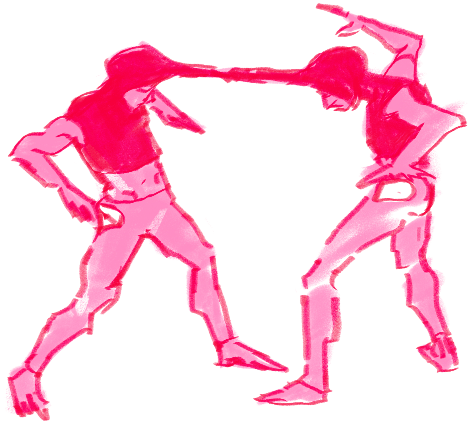 A stylized illustration of a woman in a dynamic pose, wearing a sleeveless top, high-heeled shoes, and pants, with her hands on her hips and one leg slightly bent.