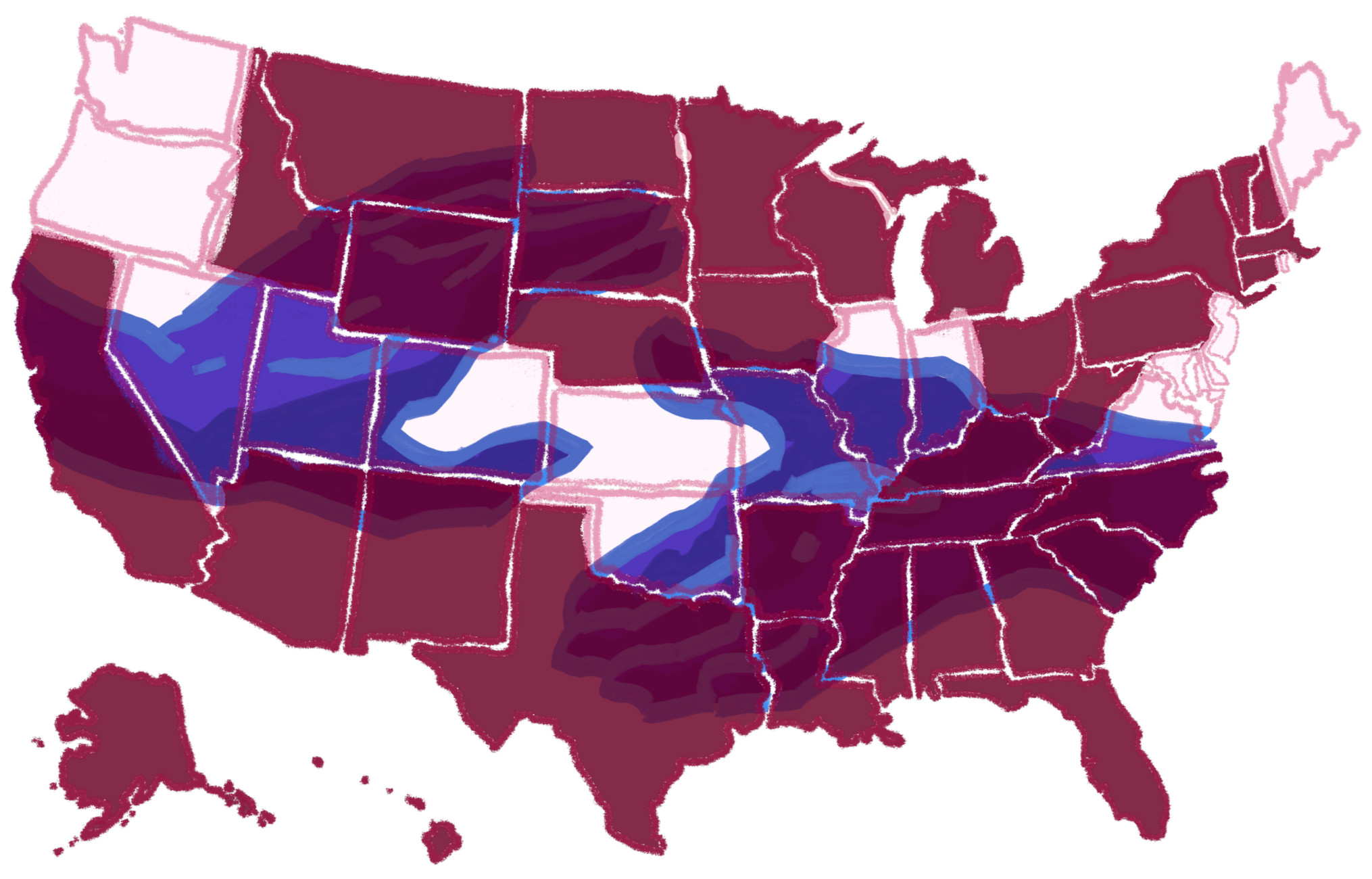 Map of the United States with highlighted regions and blue lines indicating rivers or boundaries.
