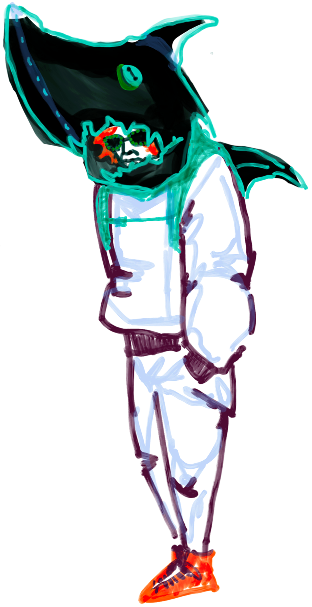 A stylized drawing of a person with a skull face, wearing a hoodie, hood up, and orange shoes, standing with one leg crossed over the other, against a dark background.