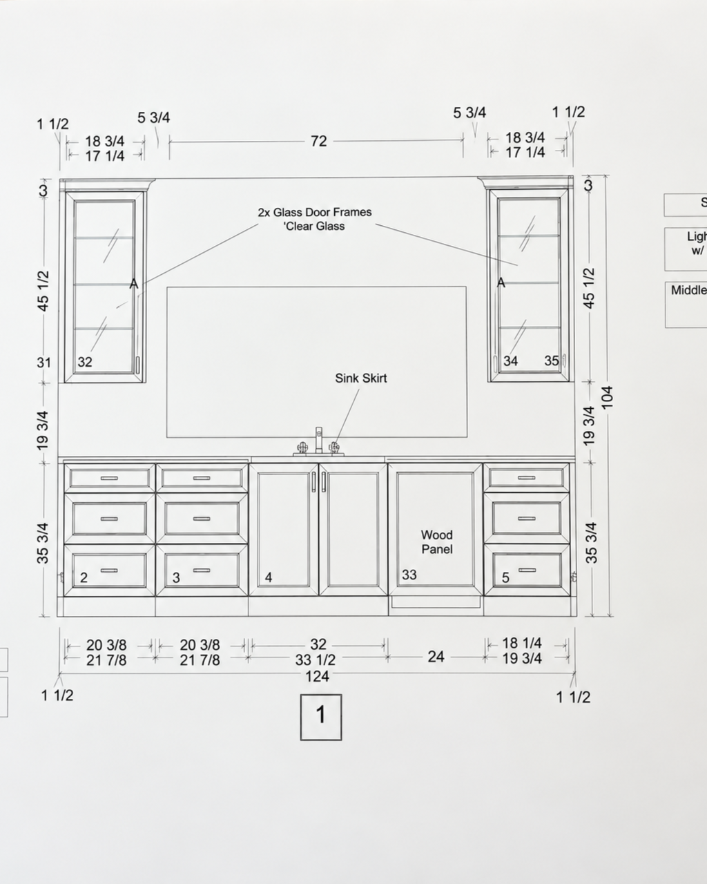 Blueprint drawing of a kitchen cabinet layout with measurements, glass door frames, sink skirt, and wood panel.