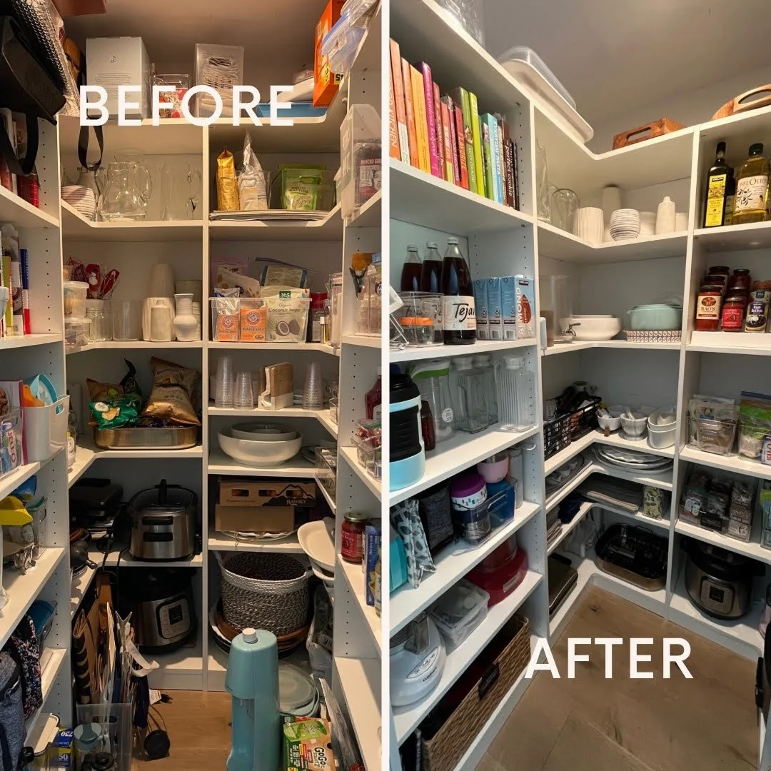 Comparison of a pantry before and after organizing, showing shelves filled with various kitchen items, cleaning and decluttering results in a more organized space.