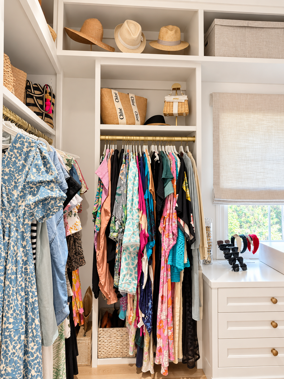 A walk-in closet with a clothing rack filled with colorful dresses, tops, and skirts, and shelves above holding hats, handbags, and storage boxes.