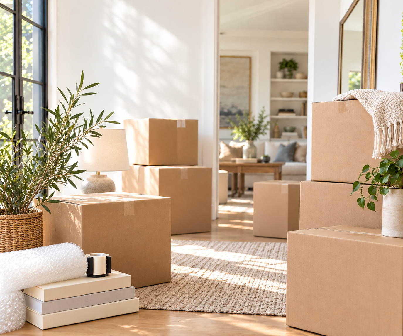 Living room filled with moving boxes, plants, and a lamp, ready for unpacking and settling into a new home.