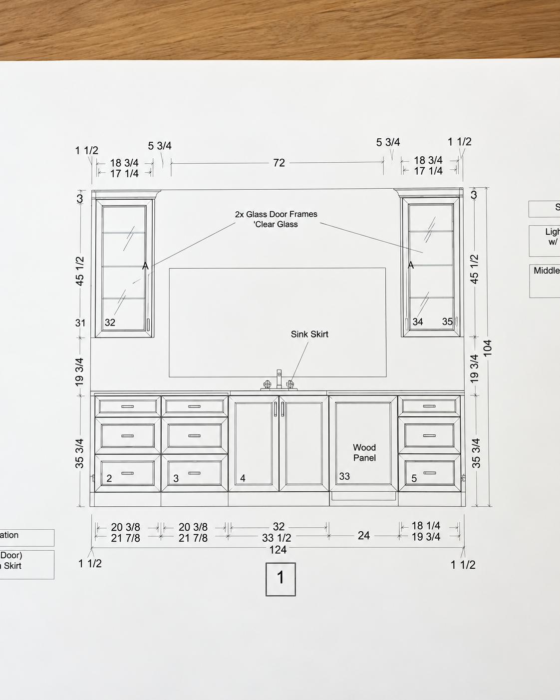 Blueprint drawing of a kitchen cabinet setup with dimensions, glass door frames, a sink skirt, and a wood panel.