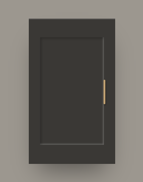A closed gray cabinet door with a vertical gold handle on the right side, mounted on a light-colored wall.