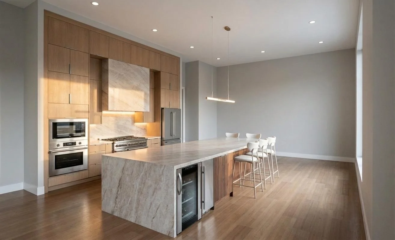 Modern open-concept kitchen with a large marble island, light wood cabinetry, stainless steel appliances, and four white barstools.