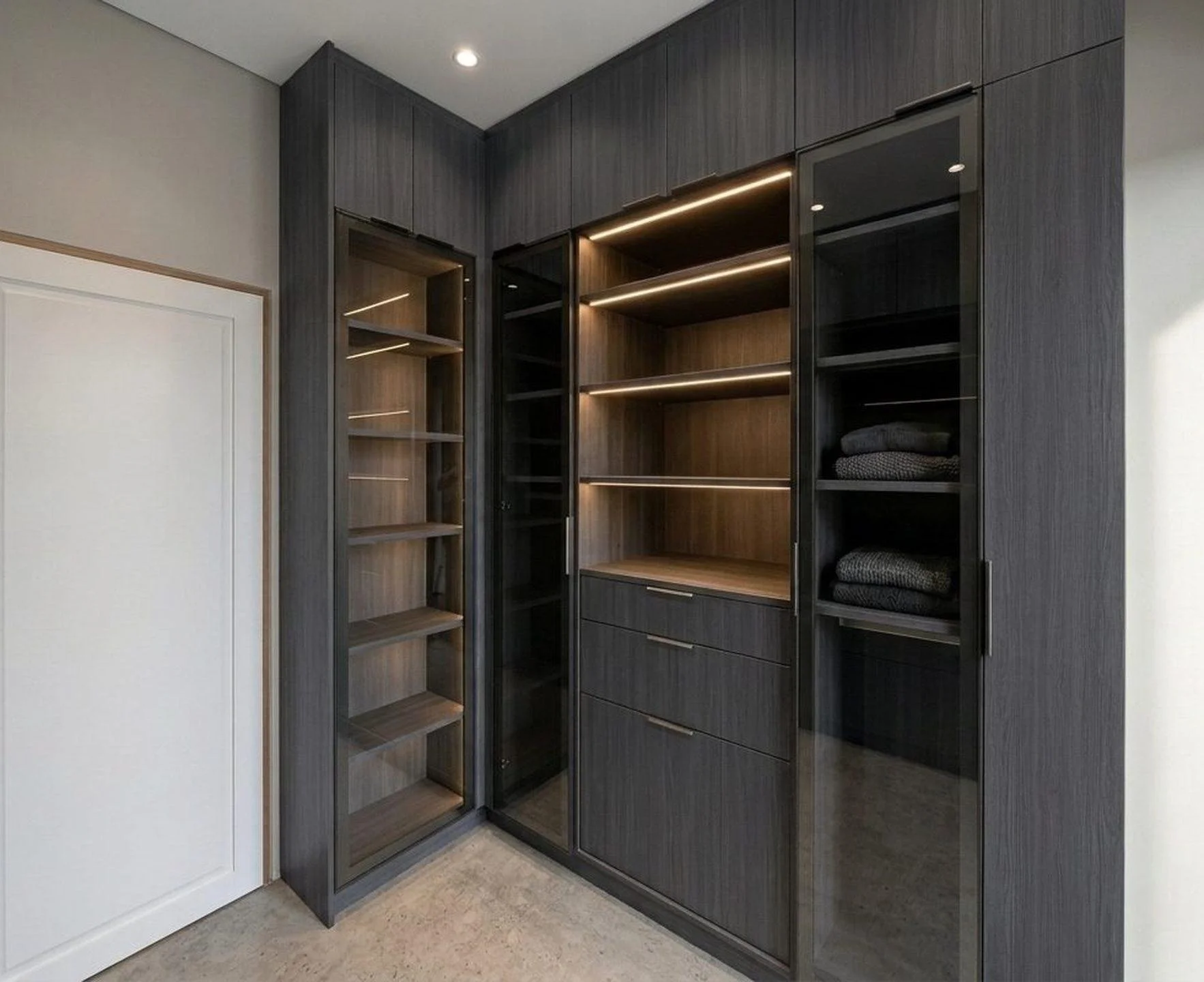 Modern black wood cabinet with glass doors, open shelves, and LED lighting, holding folded clothes in a room corner.