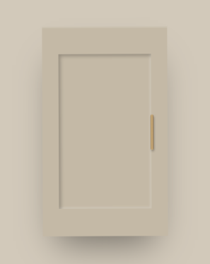 A beige cabinet with a single door and a gold handle mounted on a matching beige wall.
