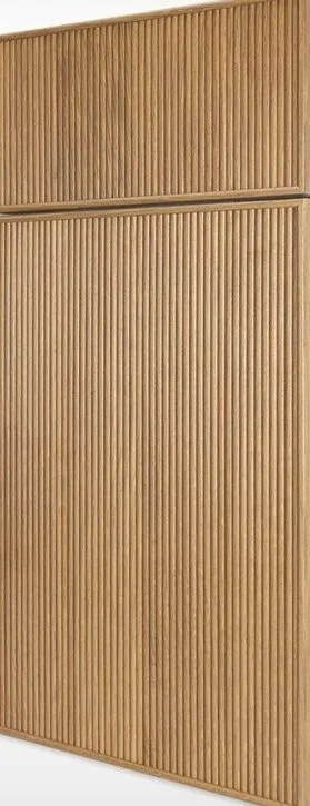 Close-up of a wooden textured cabinet with vertical grooves.