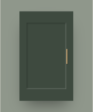 A closed green cabinet door with a gold handle.