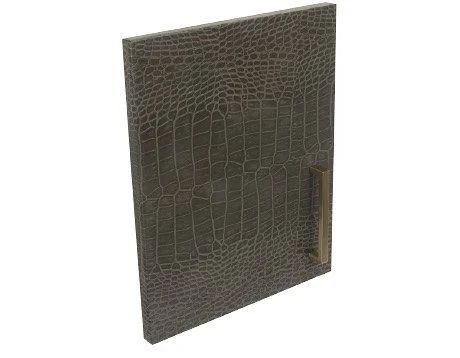 A square black cabinet with a crocodile skin texture and a vertical handle on the right side.