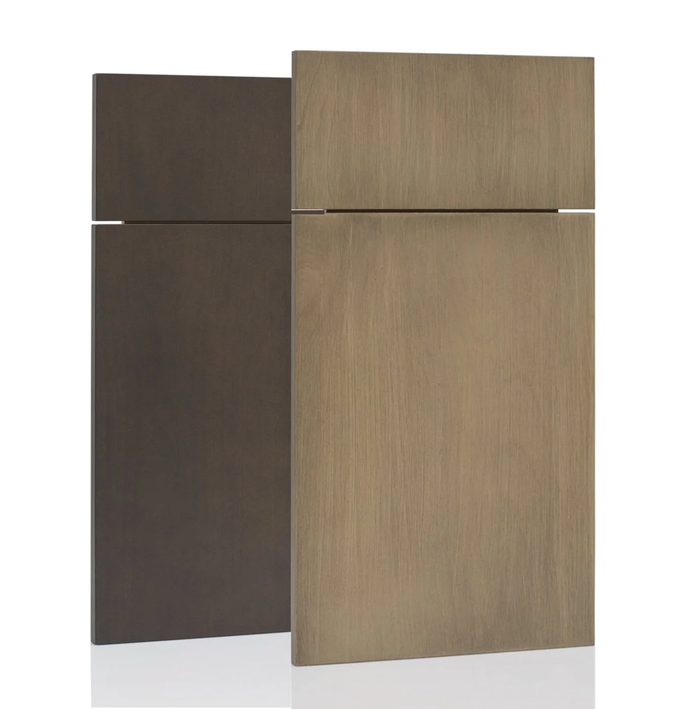 Two modern wooden cabinets, one in dark brown and one in light wood color, stacked vertically against a white background.