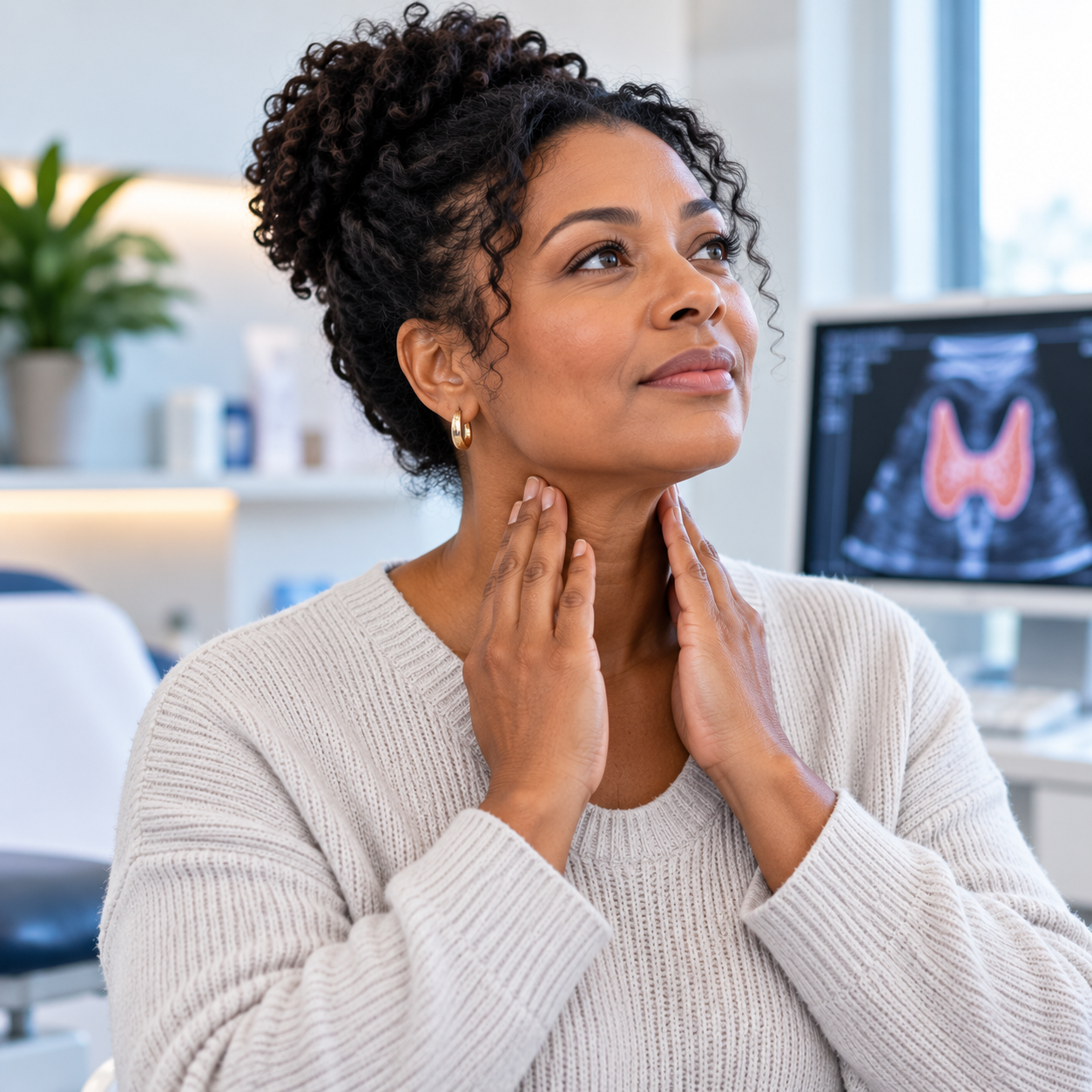 Woman in a medical office holding her throat with both hands, with an ultrasound image of a thyroid gland on a computer monitor in the background.