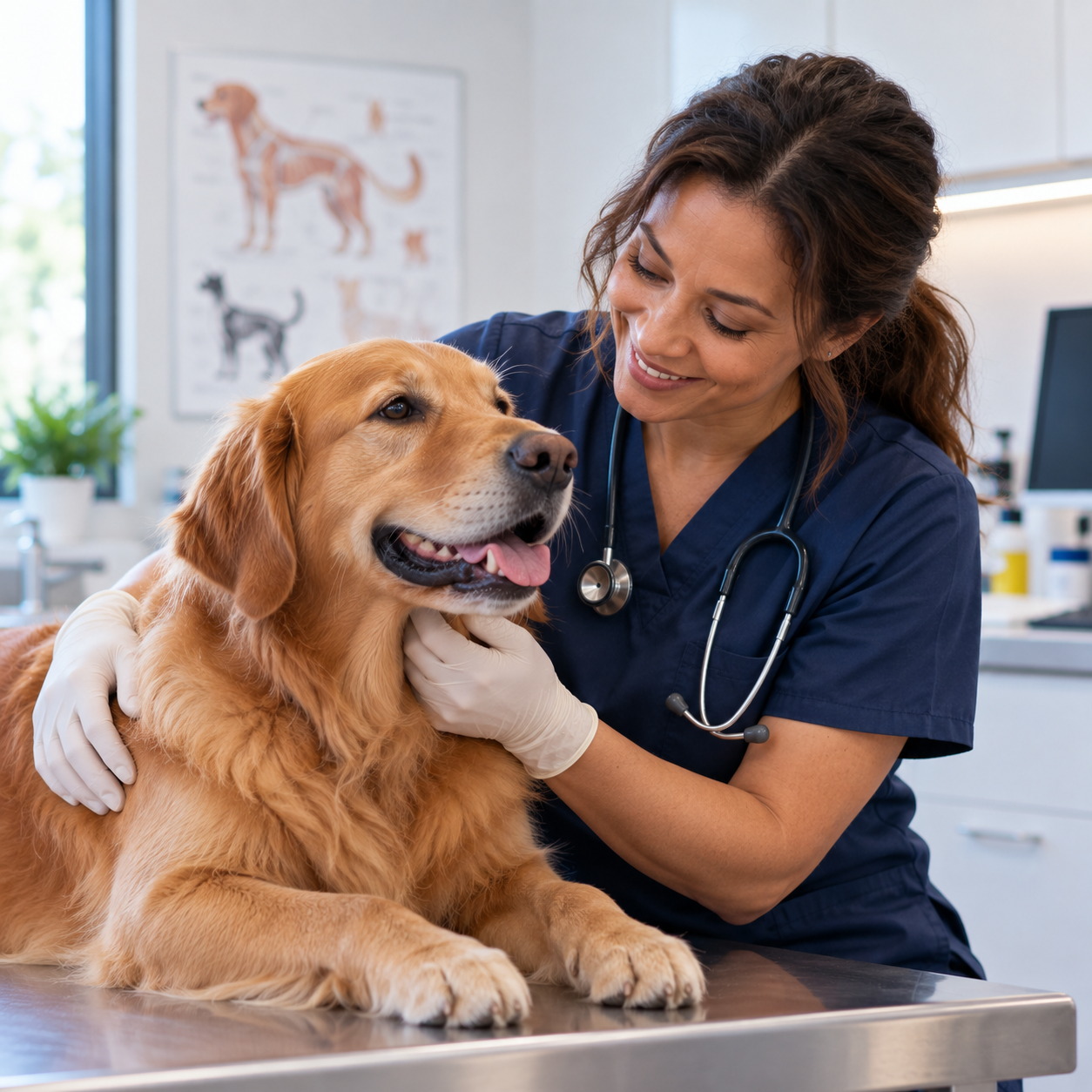A female veterinarian with a stethoscope around her neck examines a golden retriever dog at a veterinary clinic.