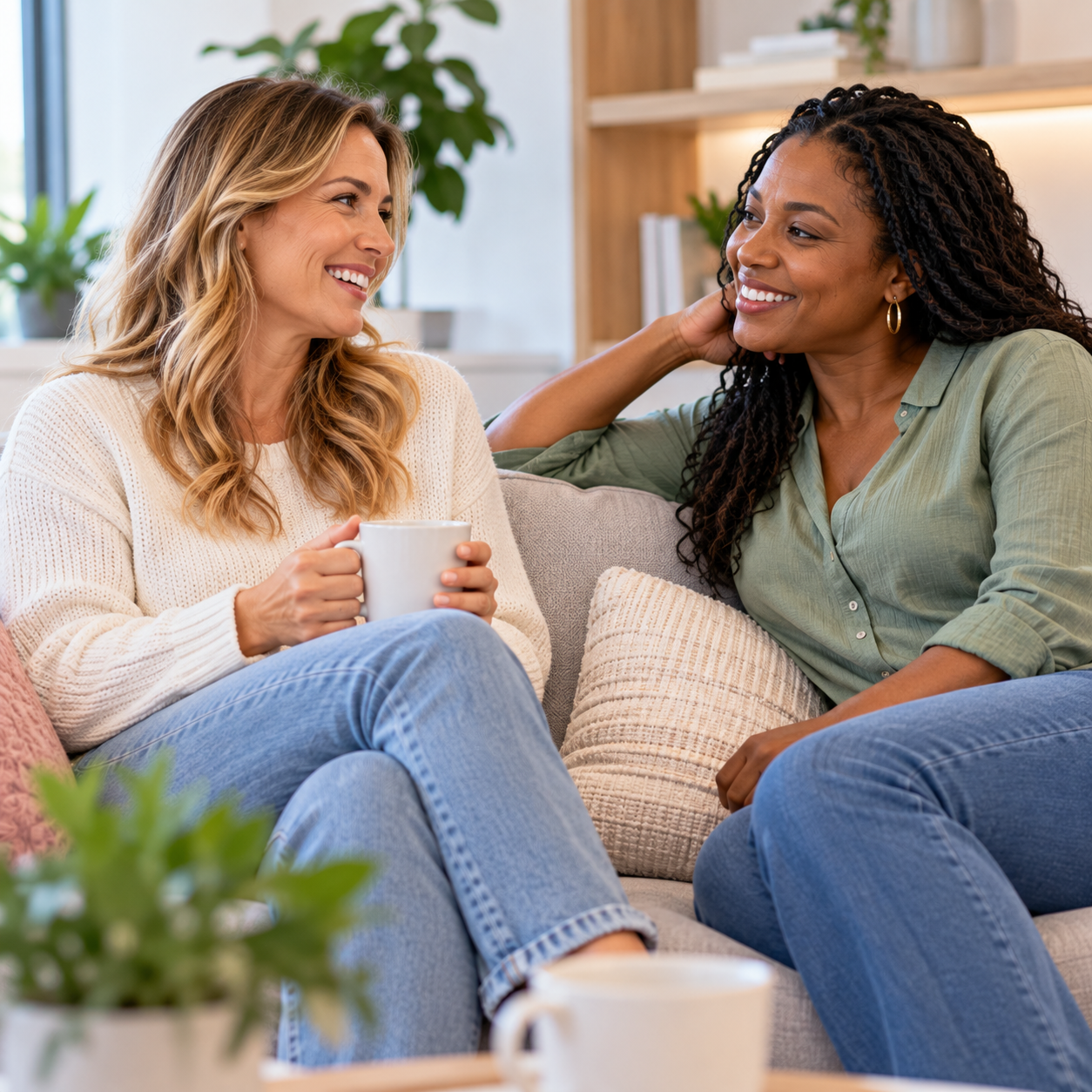 Two women sitting on a beige couch, engaging in conversation and smiling at each other. One woman has light brown wavy hair, holds a mug, and wears a cream sweater and jeans. The other woman has dark curly hair, is wearing a green shirt and jeans, and lounges with her arm behind her head. They are in a cozy, well-lit living room with plants and books in the background.