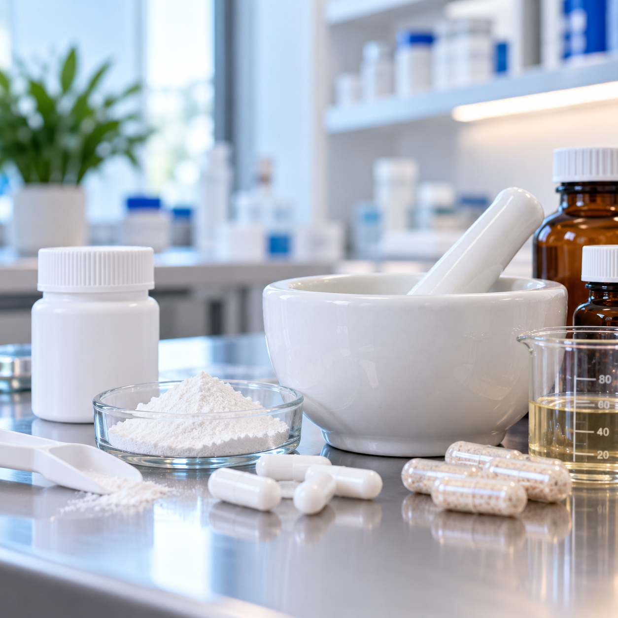 Pharmacy or laboratory setting with white pill bottles, capsules, powdered substance, mortar and pestle, and measuring beaker with liquid, on a metal surface.