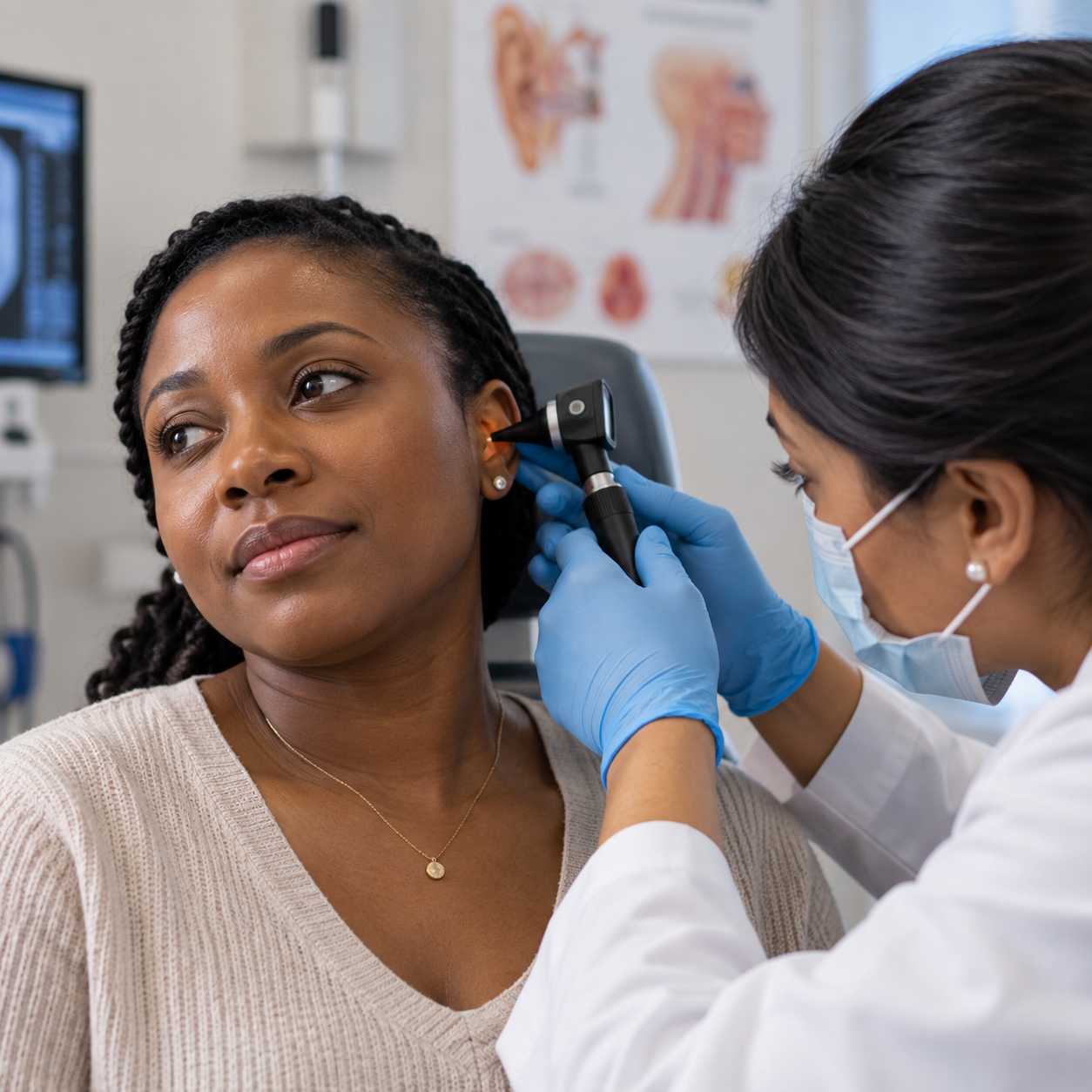 A doctor examining a woman's ear with an otoscope in a medical office.