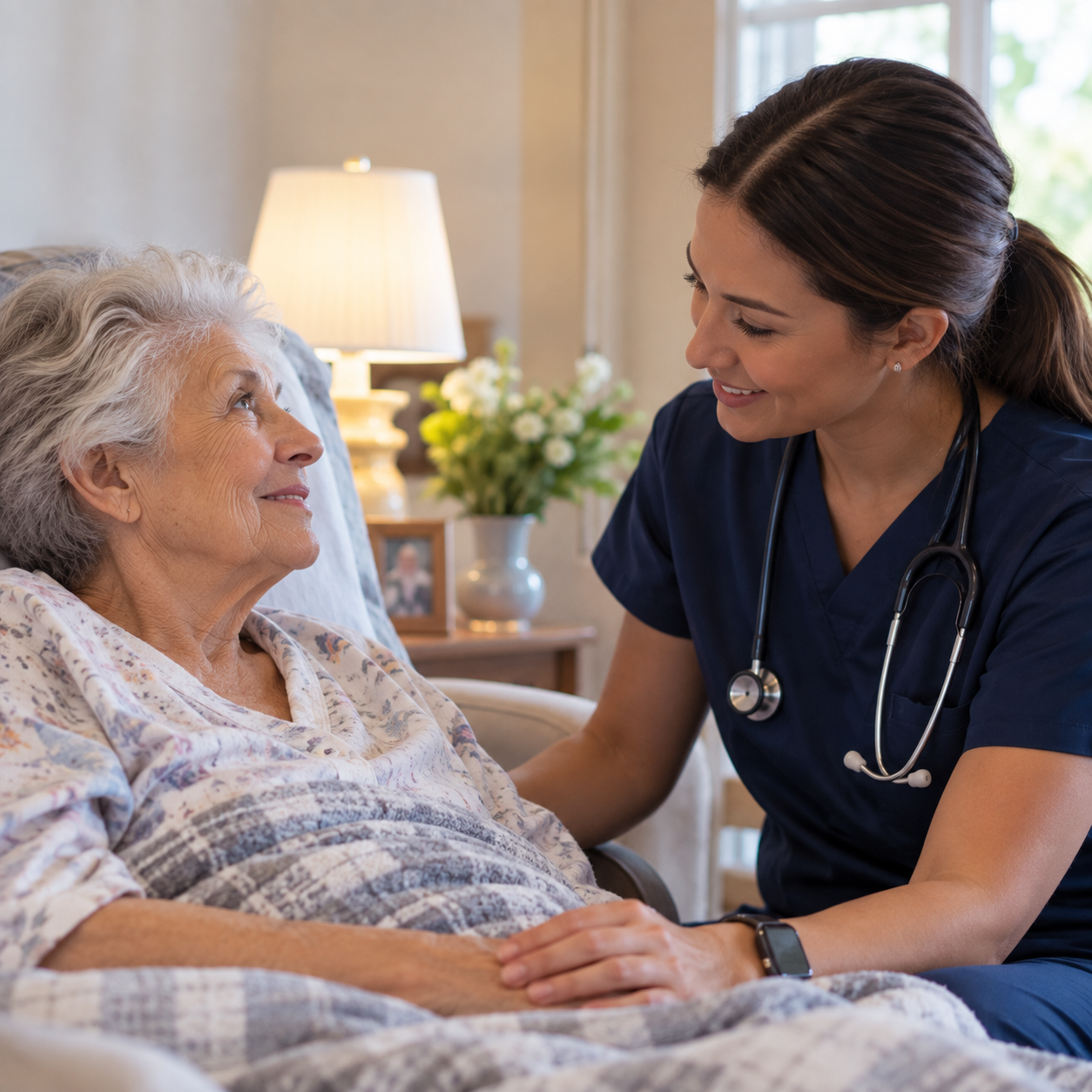 A nurse or caregiver in navy scrubs with a stethoscope around her neck interacts with an elderly woman in a hospital bed or nursing home. The elderly woman is smiling and looking at the caregiver, who is smiling back. The room has a bedside table with a lamp, a picture frame, and a vase of white flowers, and a window with daylight coming through.