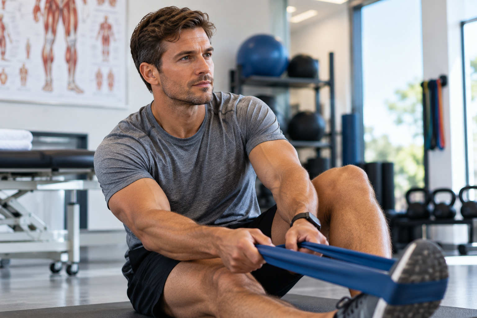 Man stretching with resistance band in a gym