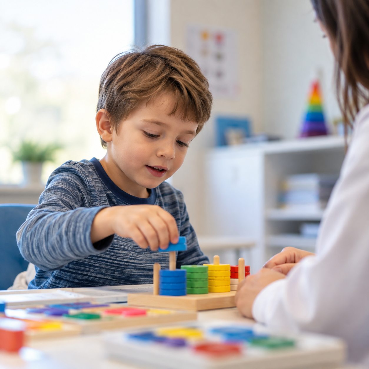A young boy playing a colorful stacking toy with a woman, likely a teacher or caregiver, in a bright classroom setting.