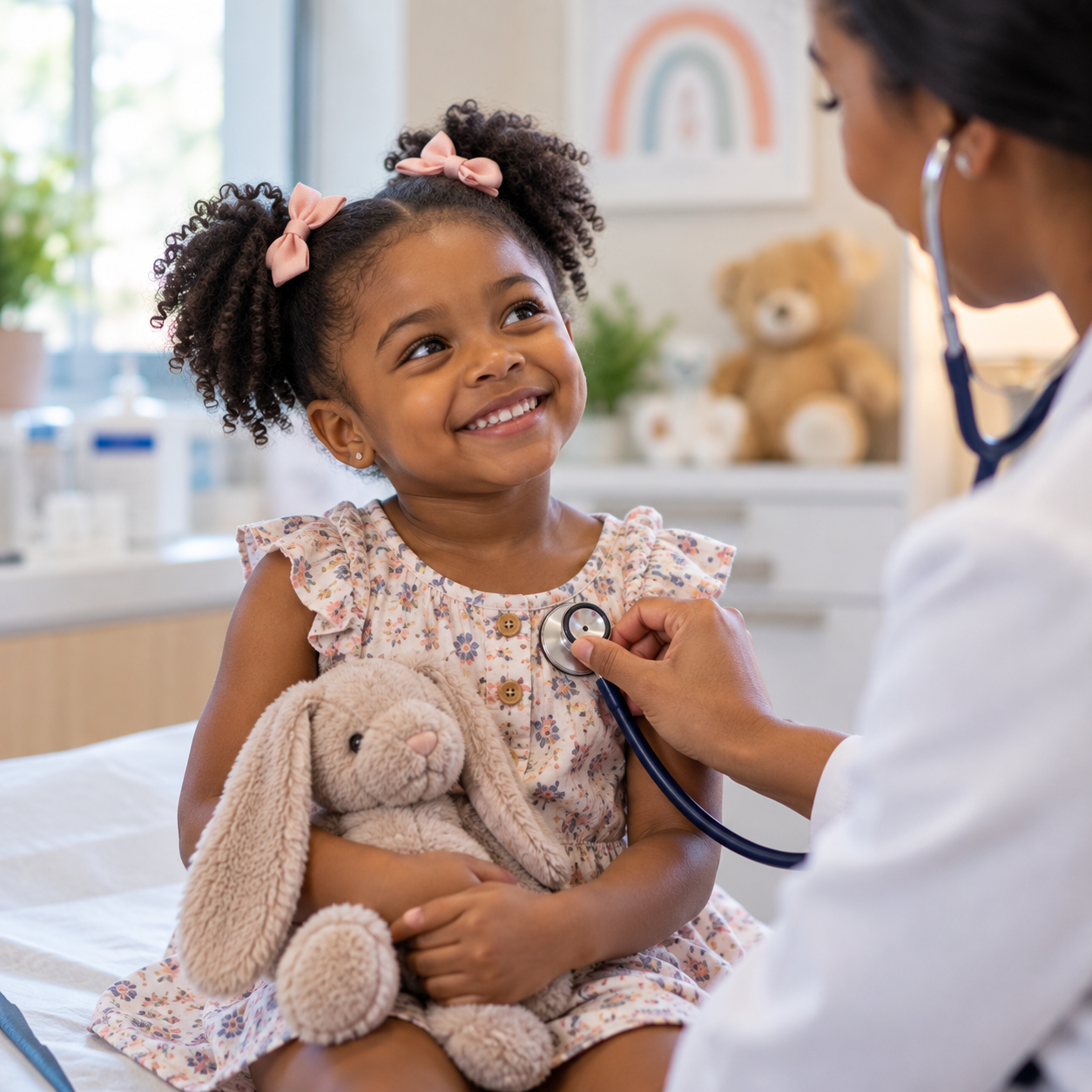 A young girl sitting on a hospital bed, smiling as a doctor uses a stethoscope to listen to her chest. She is holding a stuffed bunny and has her hair styled in puffs with pink bows. In the background, there are teddy bears and a rainbow drawing.