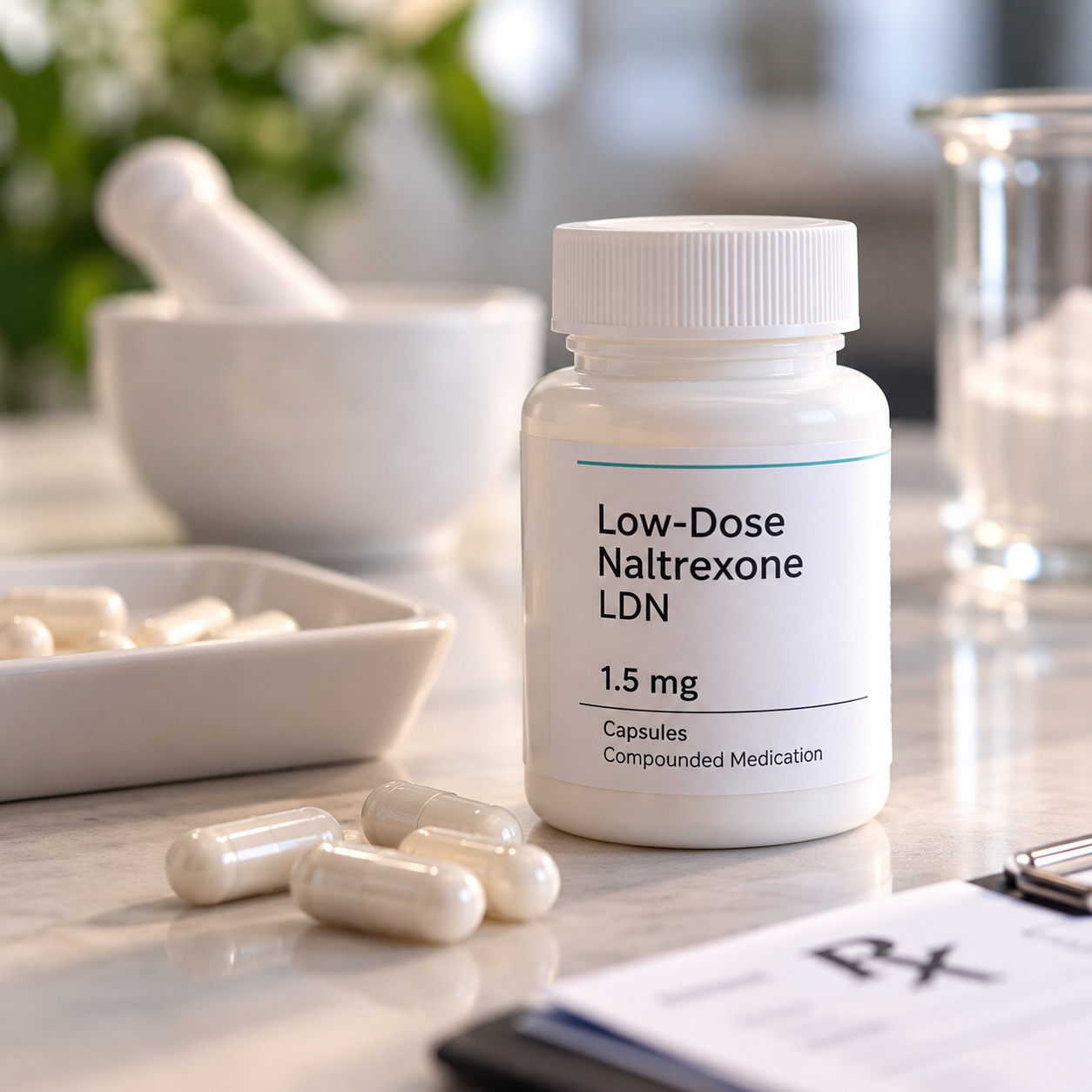 Bottle of Low-Dose Naltrexone (LDN) capsules on a white table with some capsules spilled around, along with a mortar and pestle, a glass of liquid, and a clipboard with a prescription sheet.