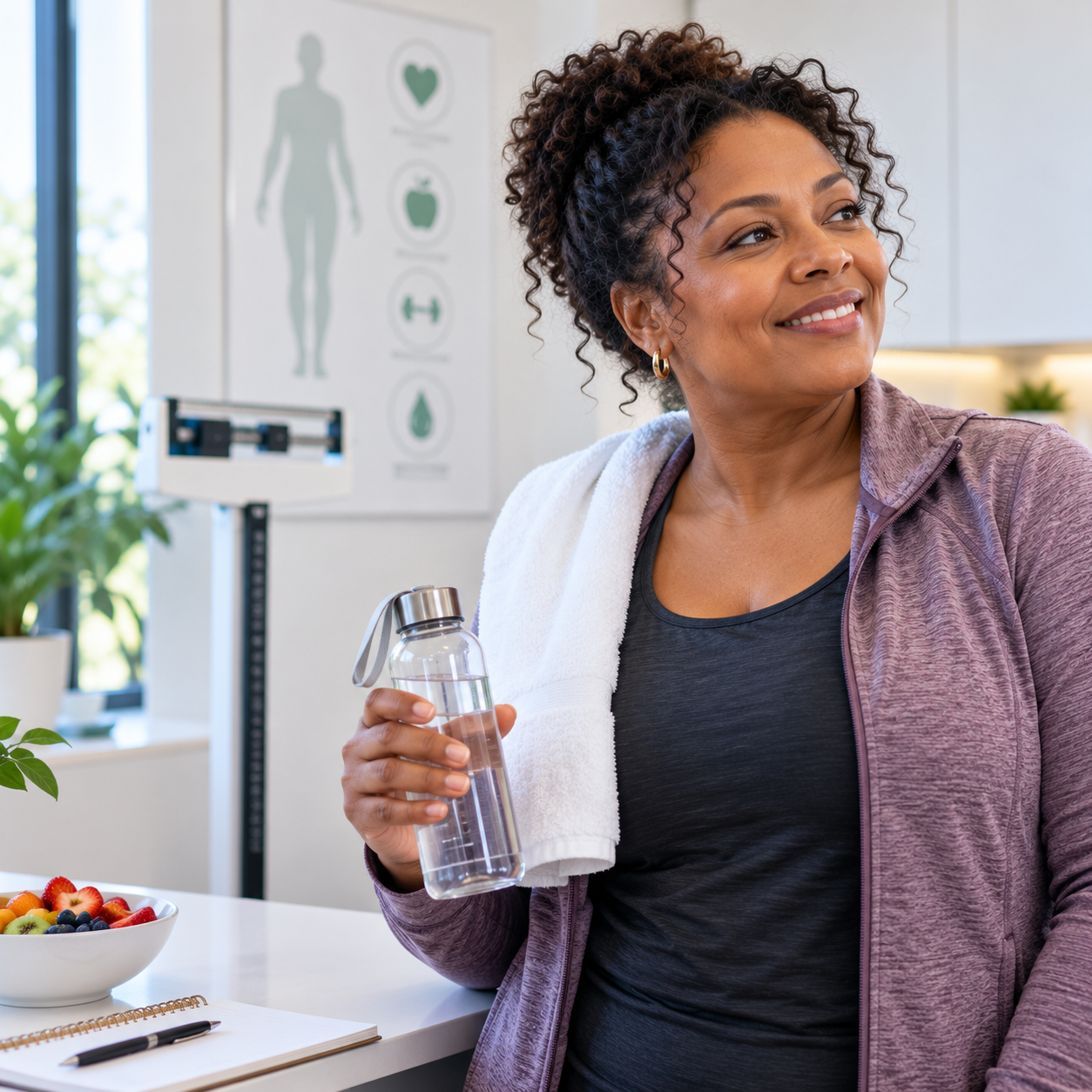 Woman holding water bottle with a towel draped over her shoulder, in a health or fitness setting, with nutritional and health posters on the wall.