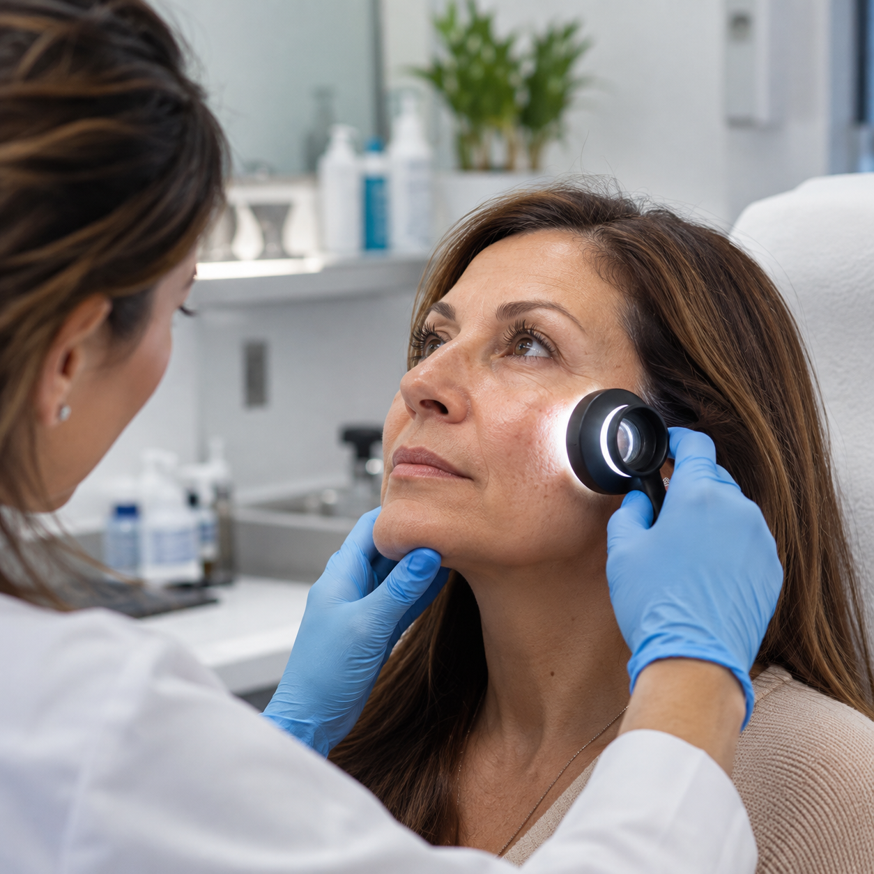 A dermatologist examining a woman's skin using a dermatoscope in a clinical setting.