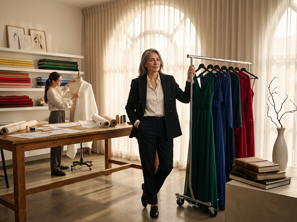 A woman in a black blazer and white shirt stands next to a clothing rack with colorful dresses. A woman in the background is organizing fabric and patterns on a table in a well-lit room with large windows and curtains.