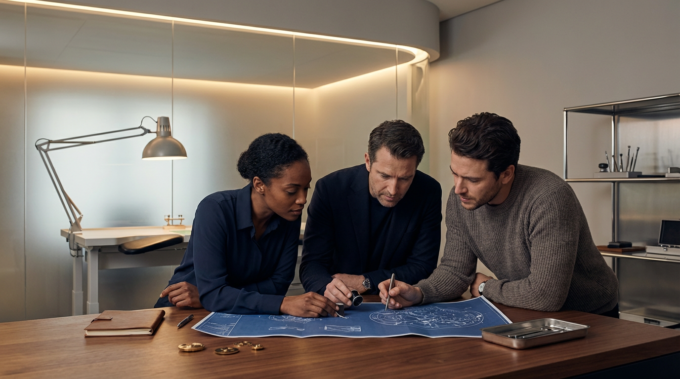 Three people are examining blueprints on a wooden table in a modern office or conference room.