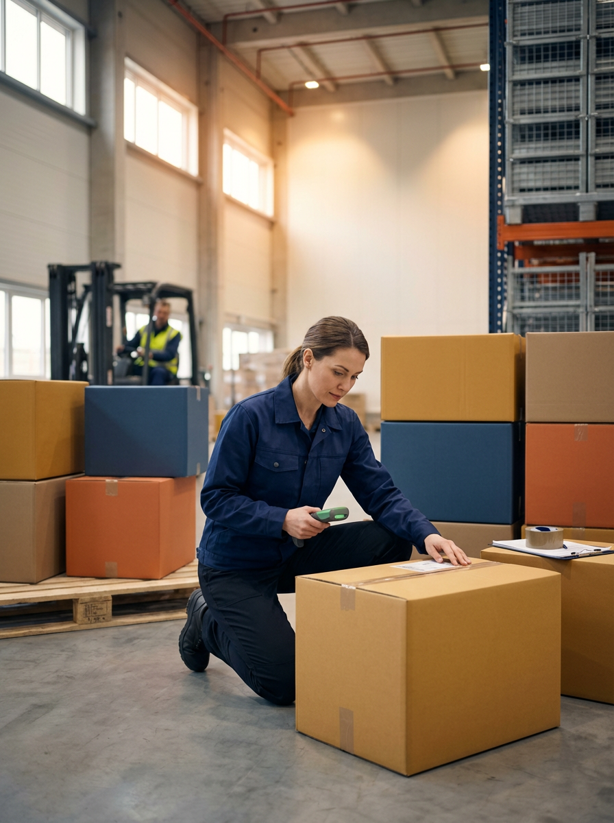 A woman in a warehouse kneeling next to a cardboard box, scanning it with a handheld scanner. There are more boxes stacked behind her and a man operating a forklift in the background.