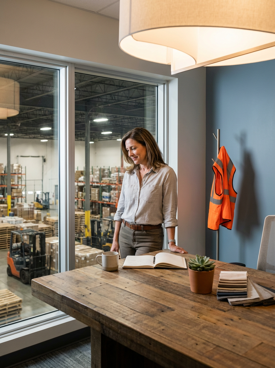 Woman standing at a wooden table with a book, mug, and fabric samples inside a room overlooking a warehouse with forklifts and pallets.