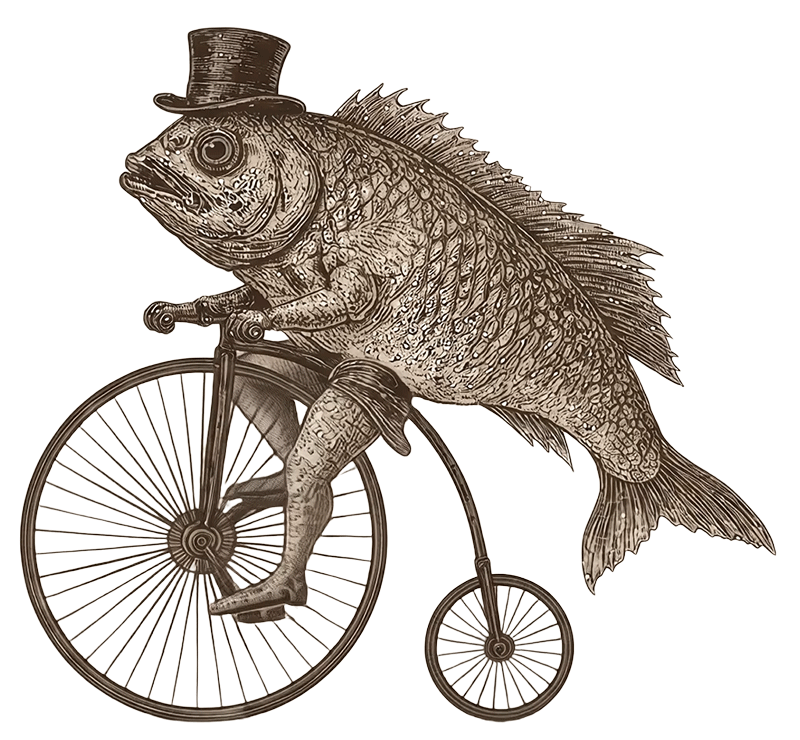 Illustration of a fish with a human body riding a vintage penny-farthing bicycle and wearing a top hat.