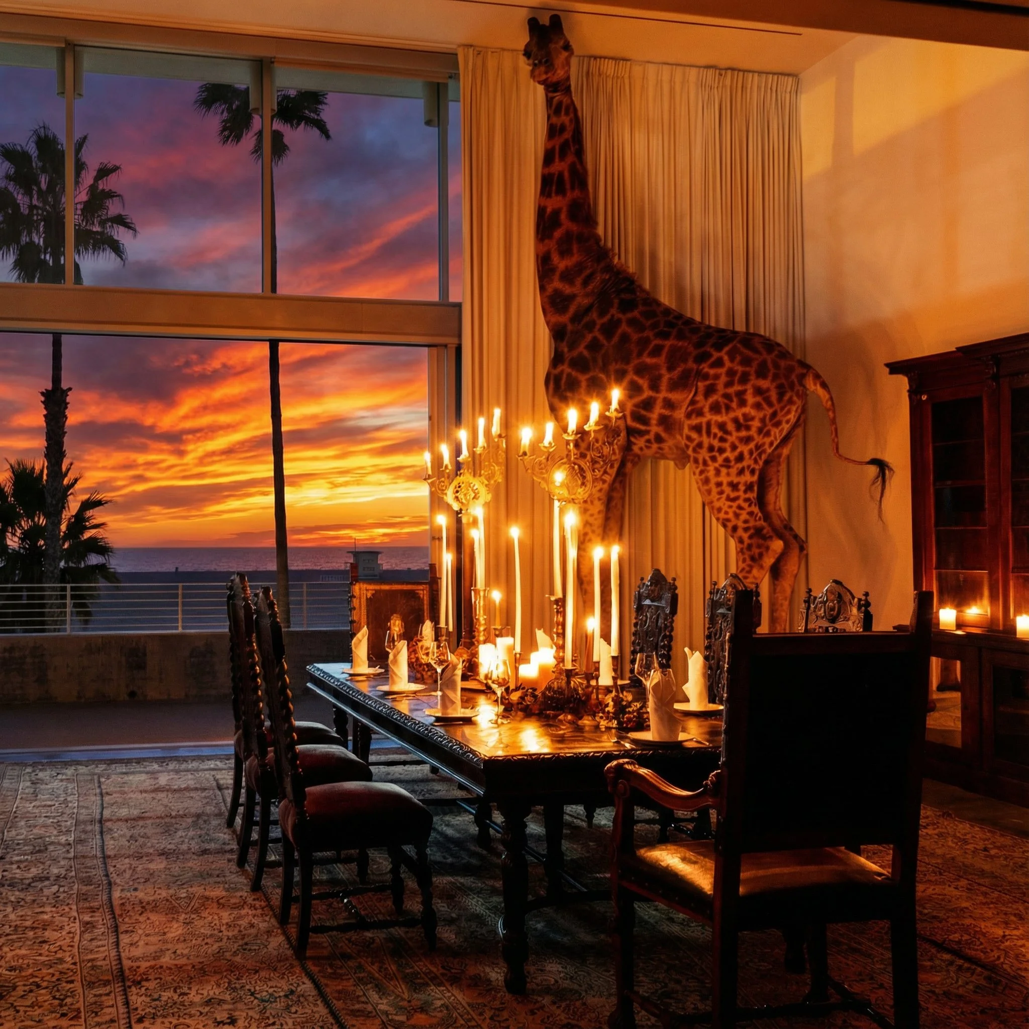 A dining area with a long dark wood table and chairs, candles, and a decorative item, set near a large window showing a sunset with pink and purple clouds over palm trees and the ocean. A giraffe statue is positioned next to the window.