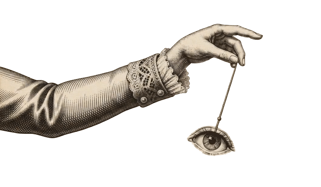A vintage illustration of a hand holding a string with an eye at the end, similar to a marionette.