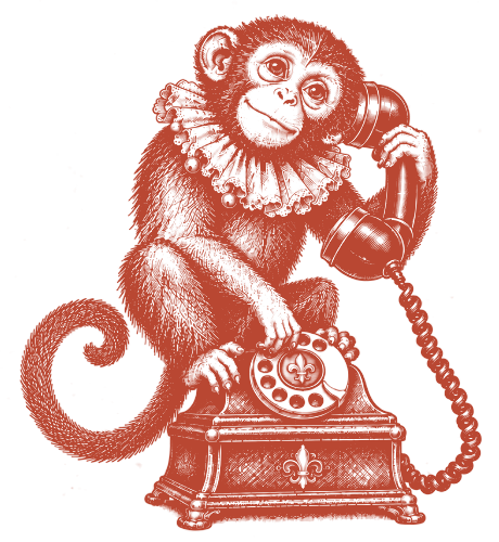 Illustration of a vintage rotary telephone with an ornate animal figure, possibly a lion or feline, integrated into its design.