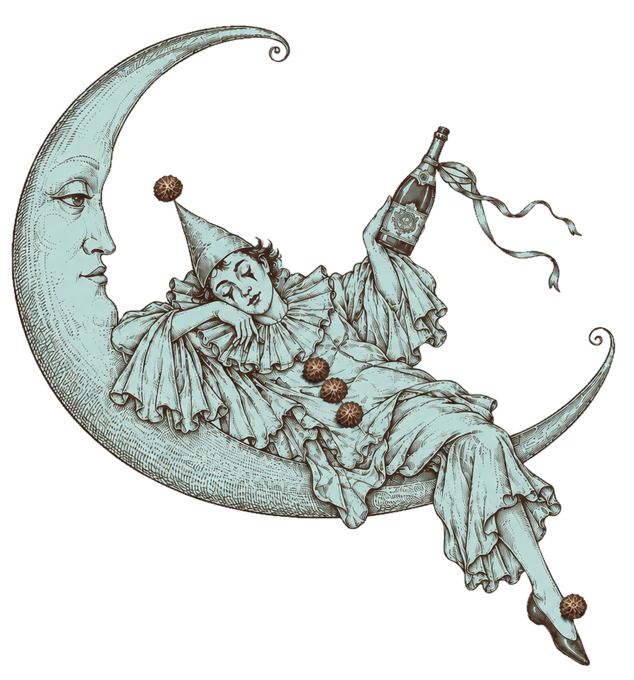 A vintage-style illustration of the moon with a sleepy face, a sleeping child wearing a nightcap, and a champagne bottle with a ribbon, surrounded by small pinecones.